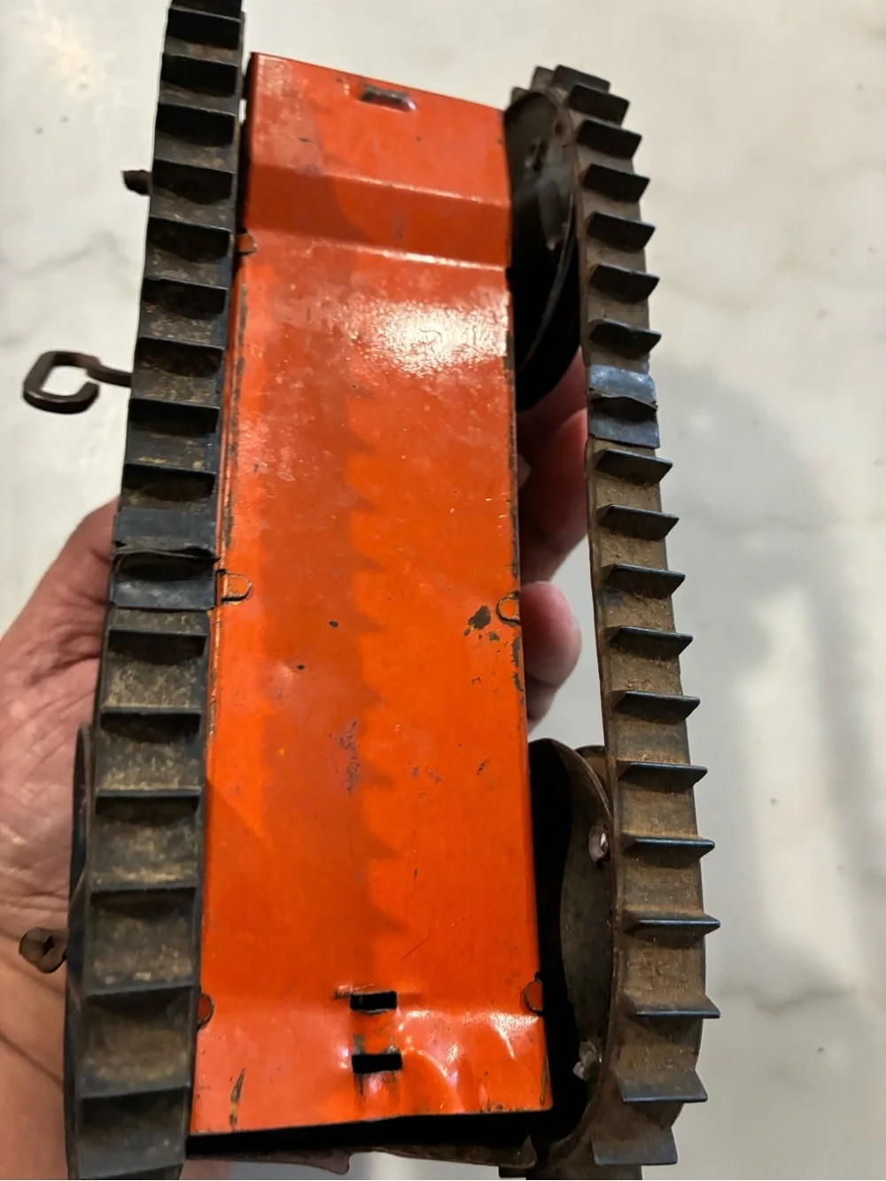 Vintage Marx Tin Litho Bulldozer Wind-up Toy Orange Caterpillar Tractor WORKS!